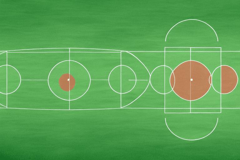 A soccer field with five players in each team's formation
